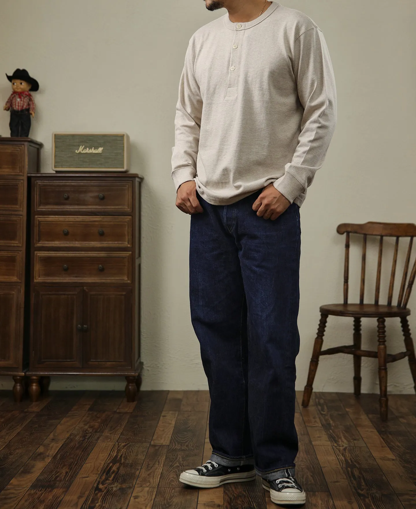 1930s 10.5 oz Cotton Loopwheel Tubular Henley Shirt - Oatmeal