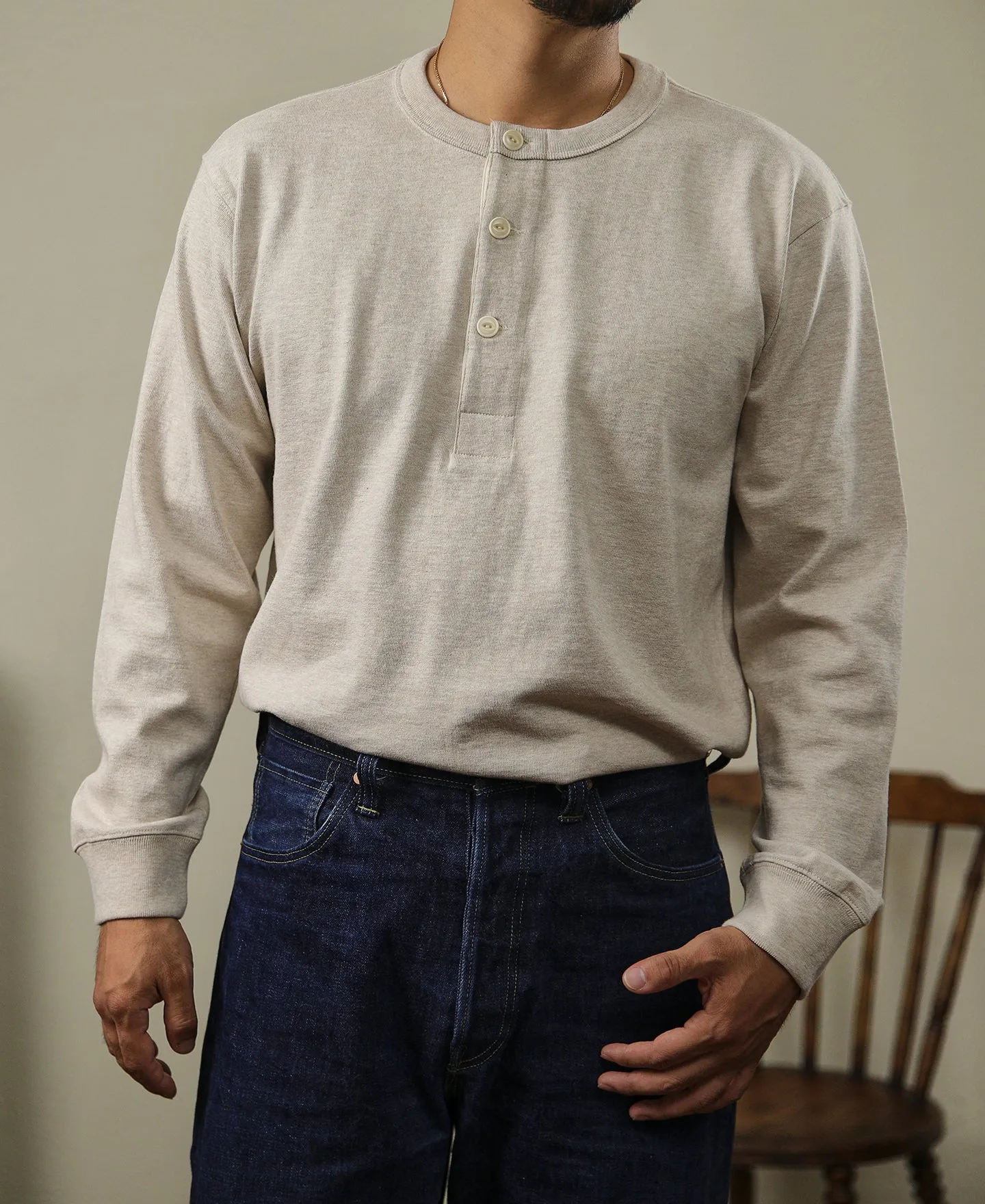 1930s 10.5 oz Cotton Loopwheel Tubular Henley Shirt - Oatmeal