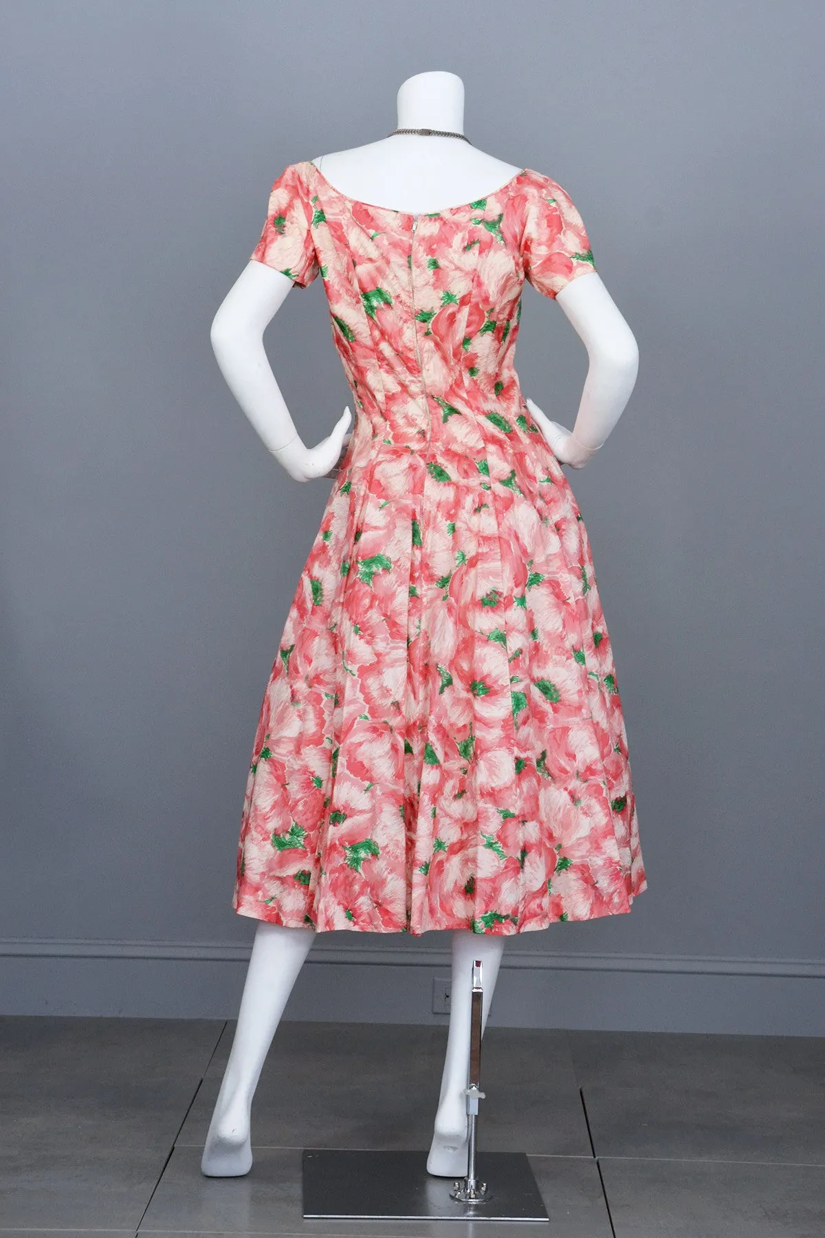 1950s Pink Retro Rose Print Silk Vintage Party Dress