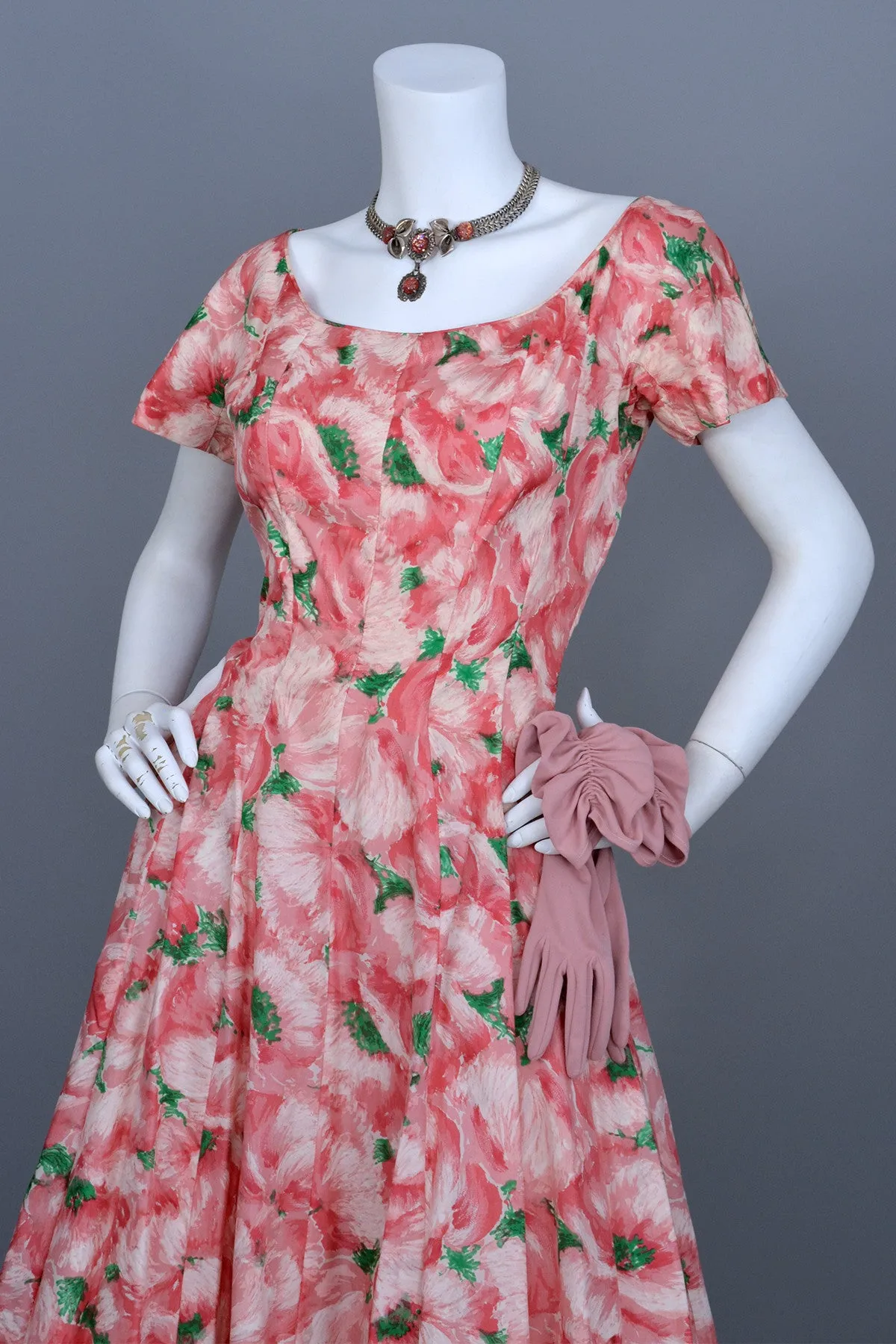 1950s Pink Retro Rose Print Silk Vintage Party Dress