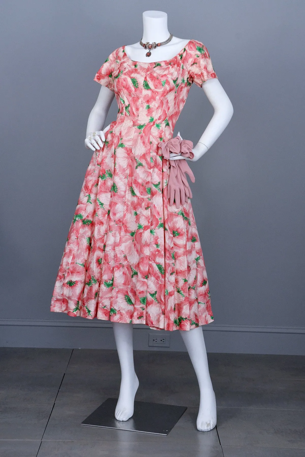 1950s Pink Retro Rose Print Silk Vintage Party Dress