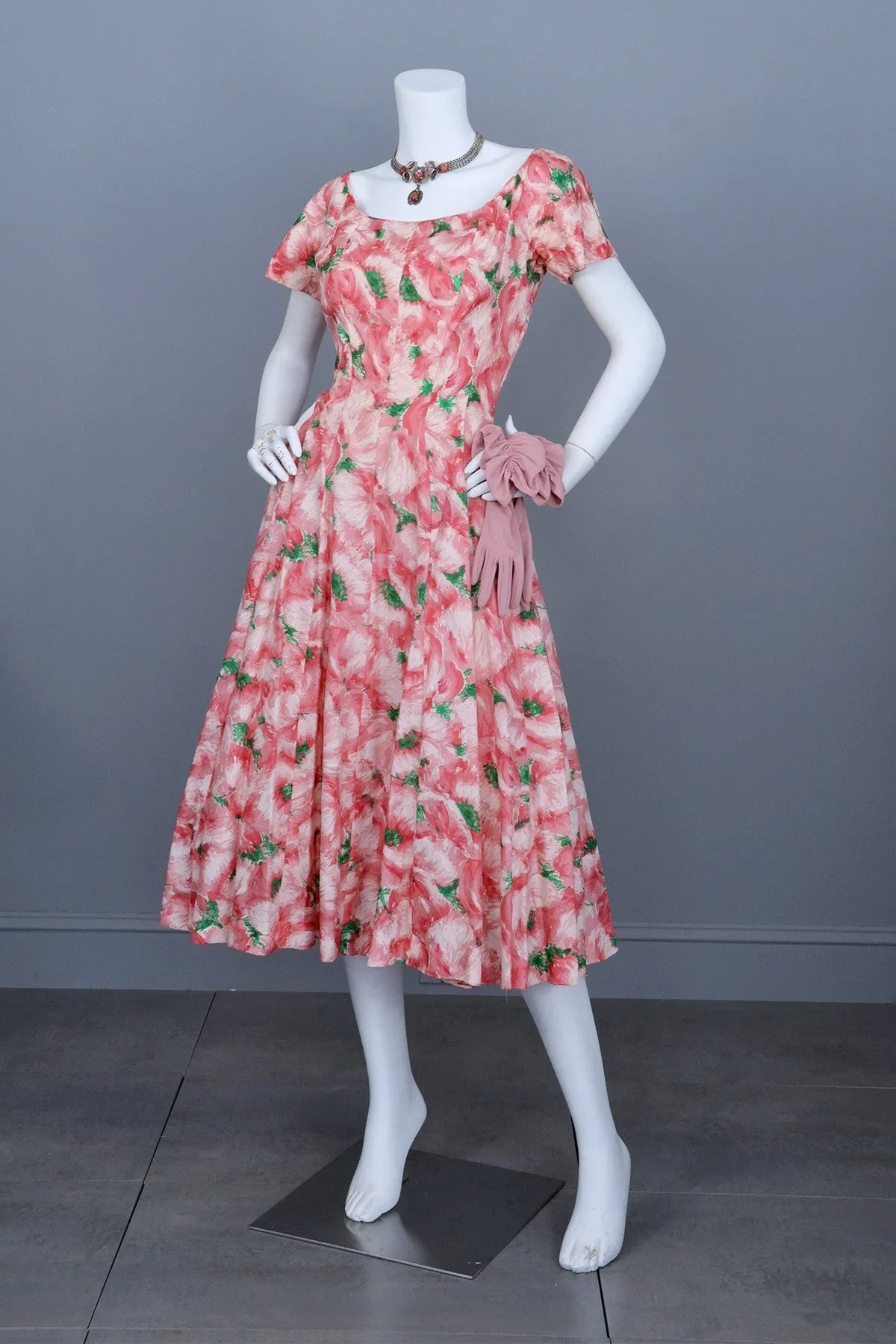 1950s Pink Retro Rose Print Silk Vintage Party Dress