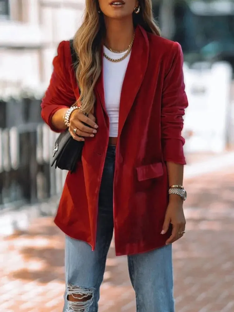 2024 Autumn Velvet Blazer Women Long Female Jacket Red Blazer Coat