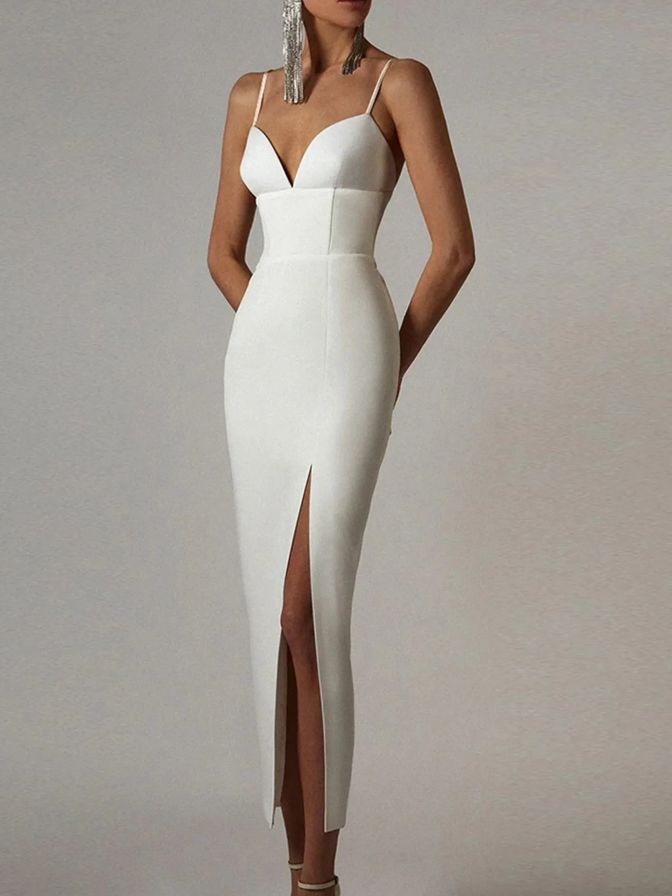 Adyce New Summer Women White Bodycon Bandage Dress Sexy V Neck Spaghetti Strap Club Celebrity Evening Runway Party Long Dresses