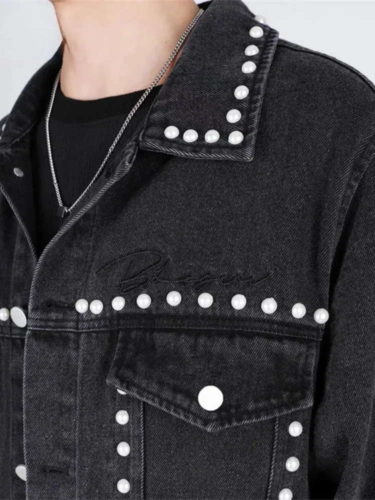 Aidase Pearl Rivet Denim Jacket Men Women Rendy Versatile Jacket Casual Fashion Spring Autumn Turn-down Collar High Street Short Coat