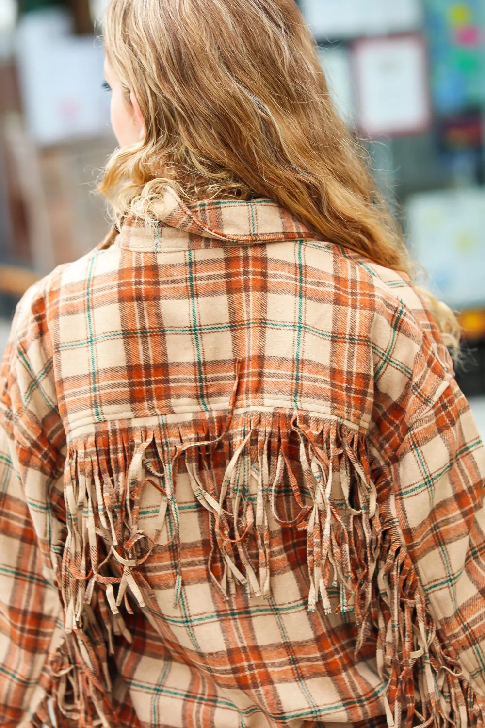 All Bets Off Taupe Flannel Plaid Fringe Jacket