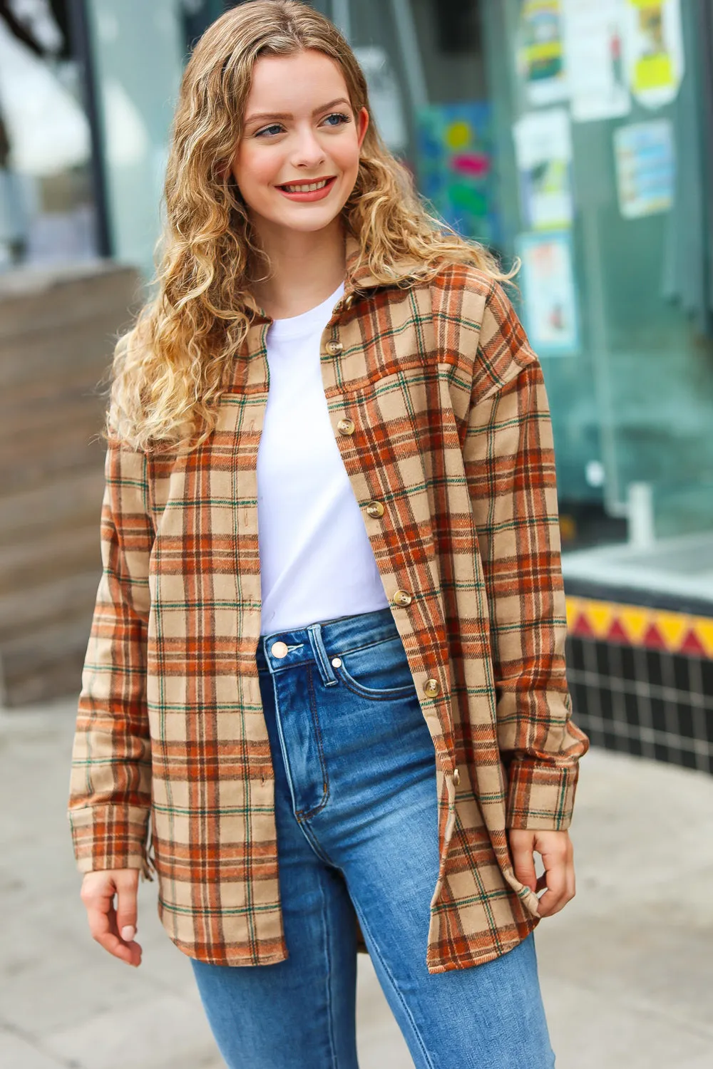 All Bets Off Taupe Flannel Plaid Fringe Jacket