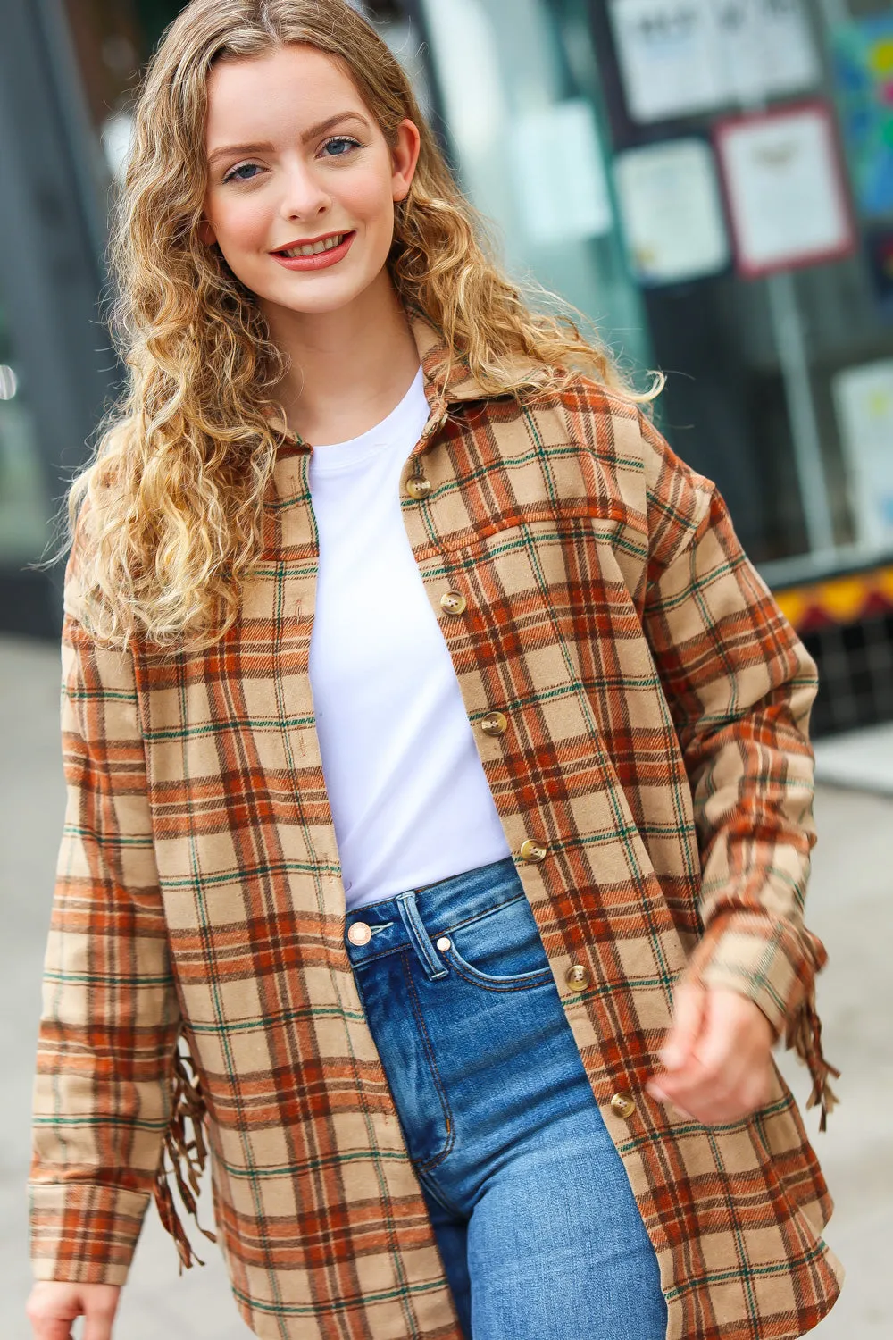 All Bets Off Taupe Flannel Plaid Fringe Jacket