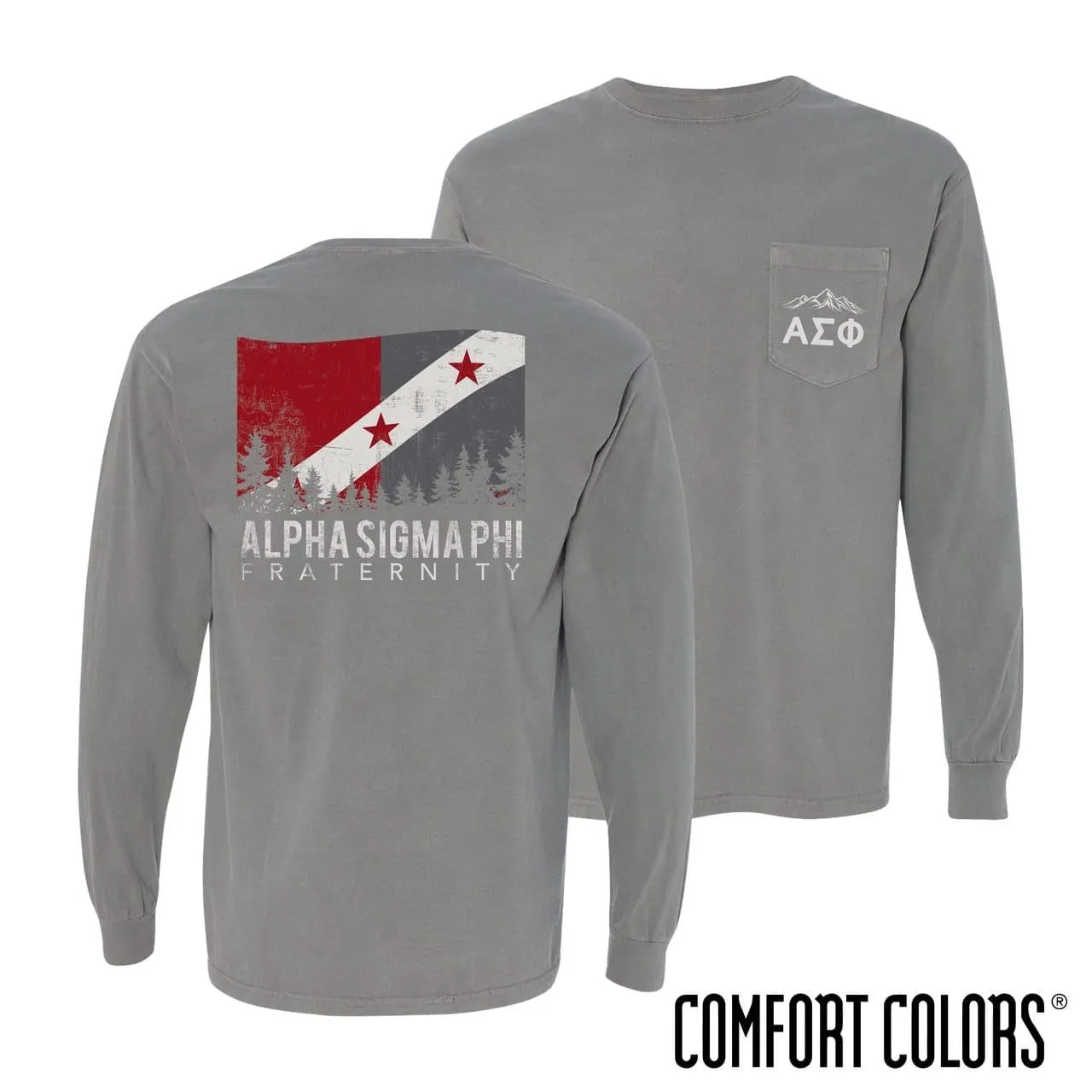 Alpha Sig Gray Comfort Colors Flag Long Sleeve Pocket Tee