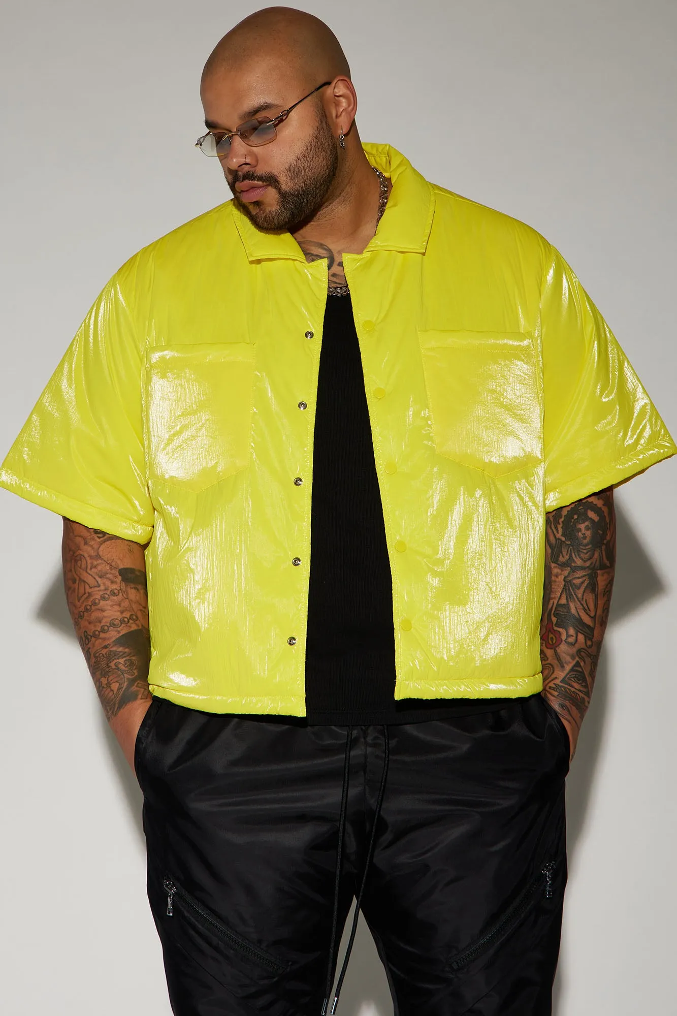 Aston Shine Nylon Puffer Cropped Shacket - Yellow