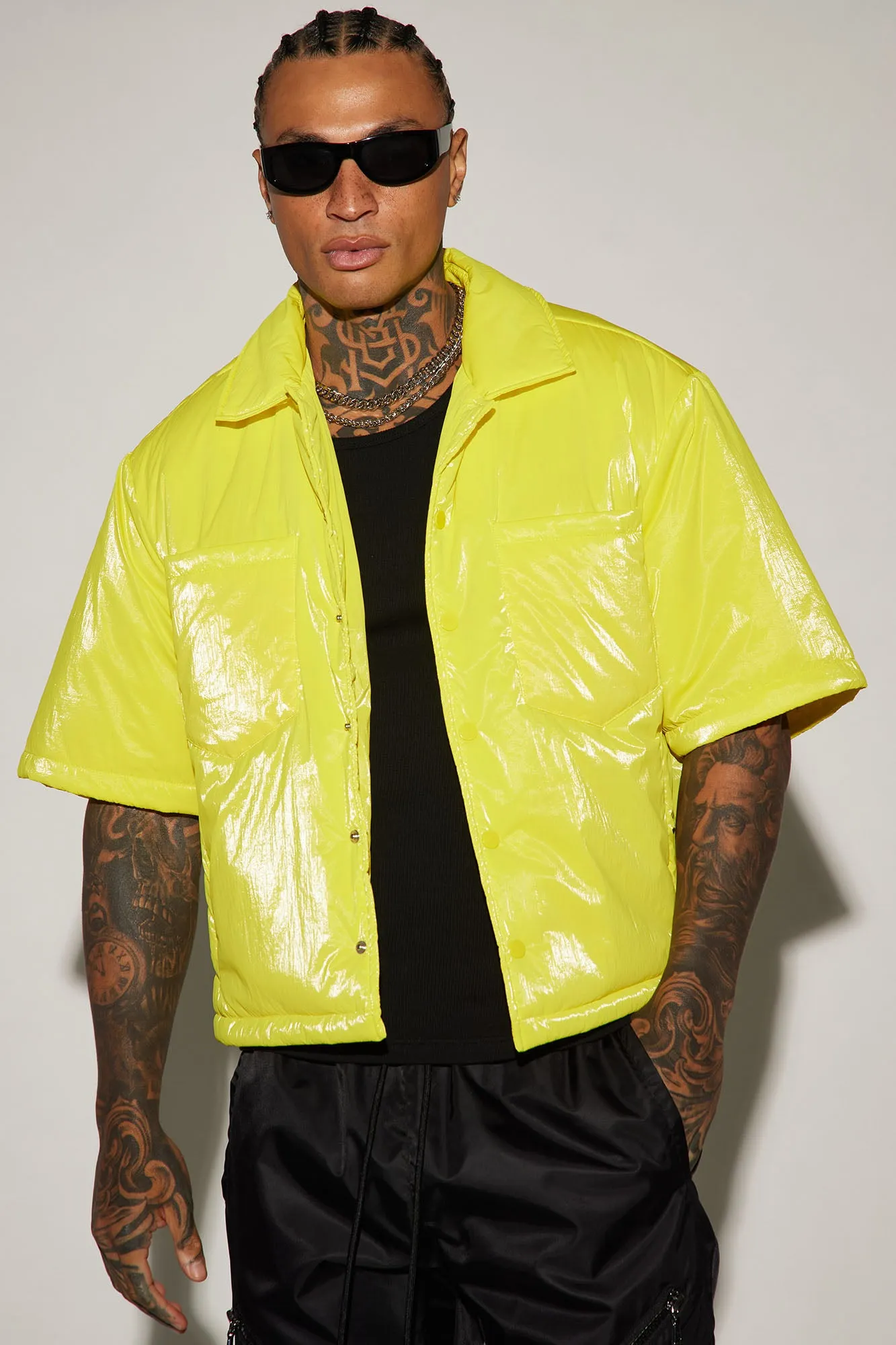 Aston Shine Nylon Puffer Cropped Shacket - Yellow