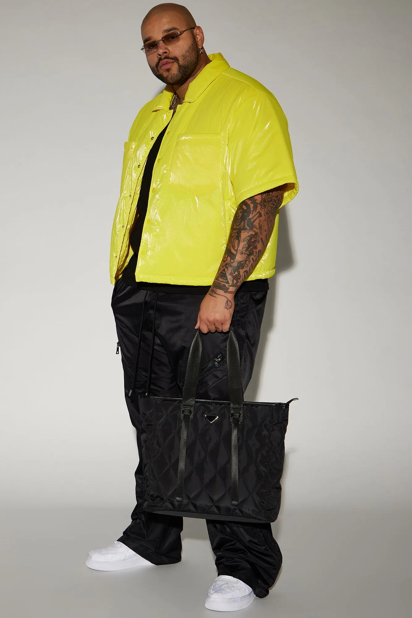 Aston Shine Nylon Puffer Cropped Shacket - Yellow