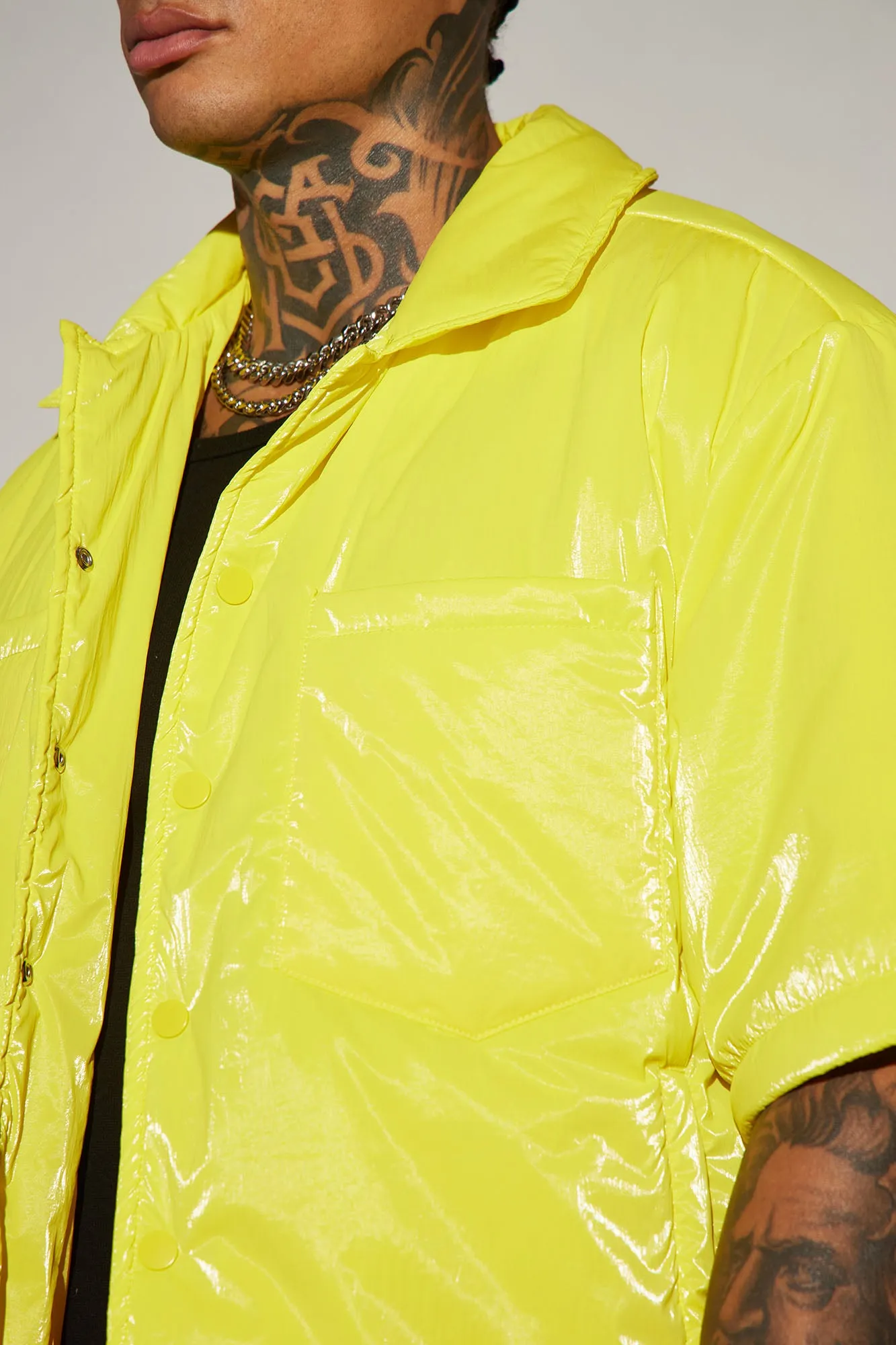 Aston Shine Nylon Puffer Cropped Shacket - Yellow