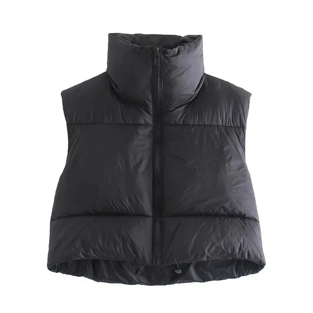 Autumn Winter Short Cotton Down Vest Stand-up Collar Warm Sleeveless Quilted Outdoor Travel Jacket Coat