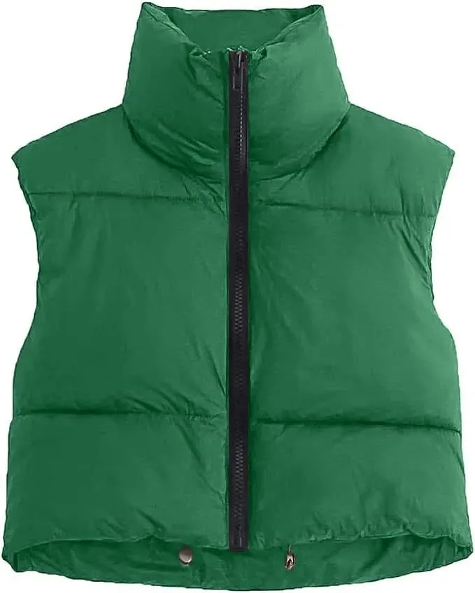 Autumn Winter Short Cotton Down Vest Stand-up Collar Warm Sleeveless Quilted Outdoor Travel Jacket Coat