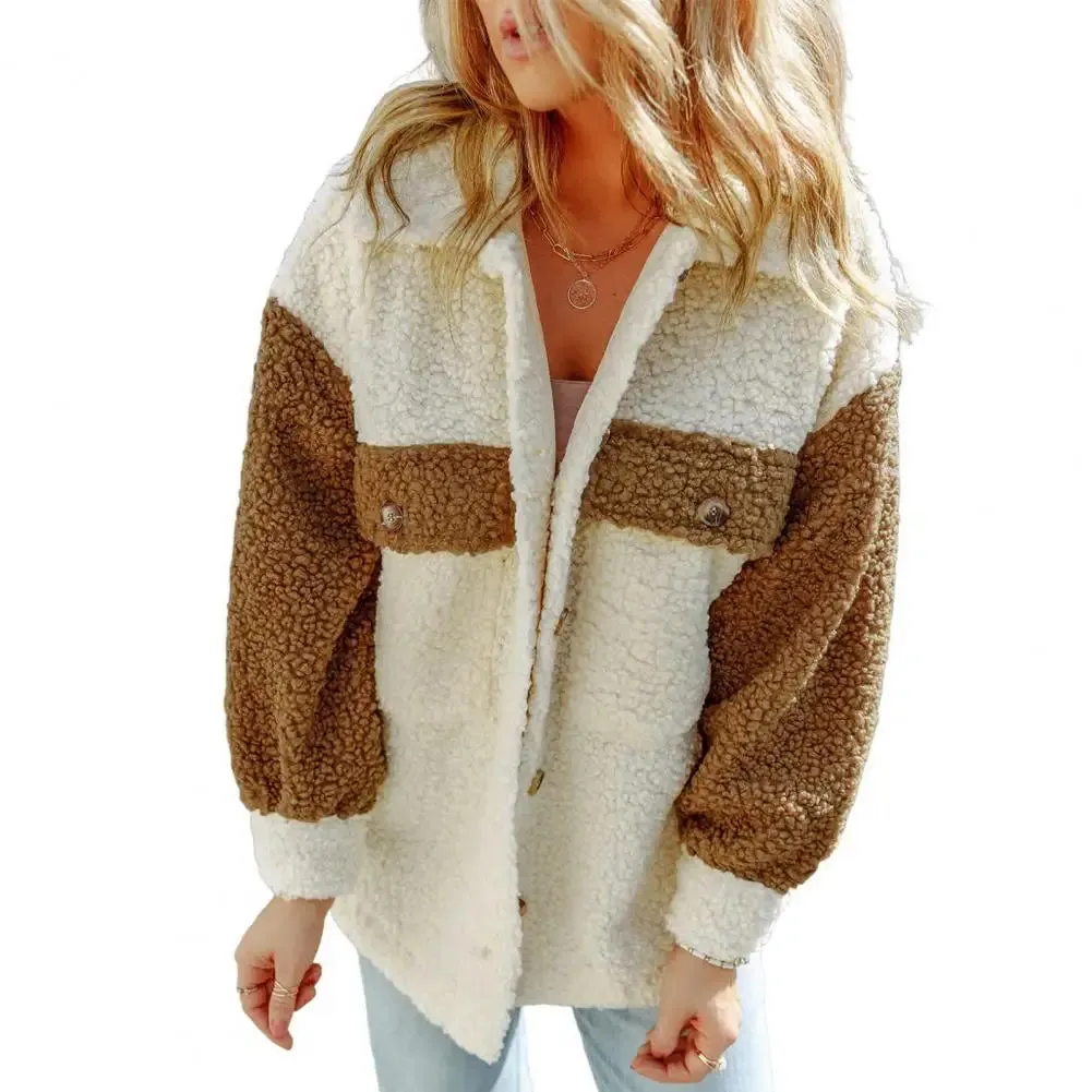 Autumn Women Lapel Pockets Long Sleeve Single Breasted Color Block Furry Outwear Jacket Coat