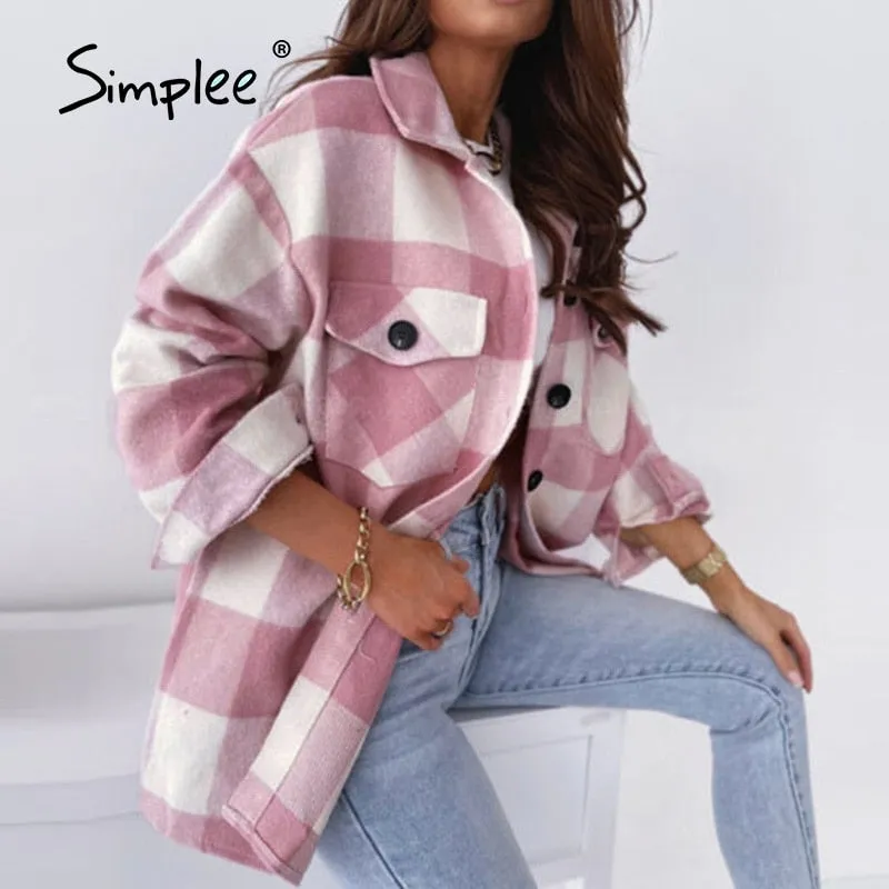 Back to College Joskaa Casual plaid pocket lapel blue jacket women Office lady drop-shoulder autumn coat pink Loose gingham pattern coat jacket