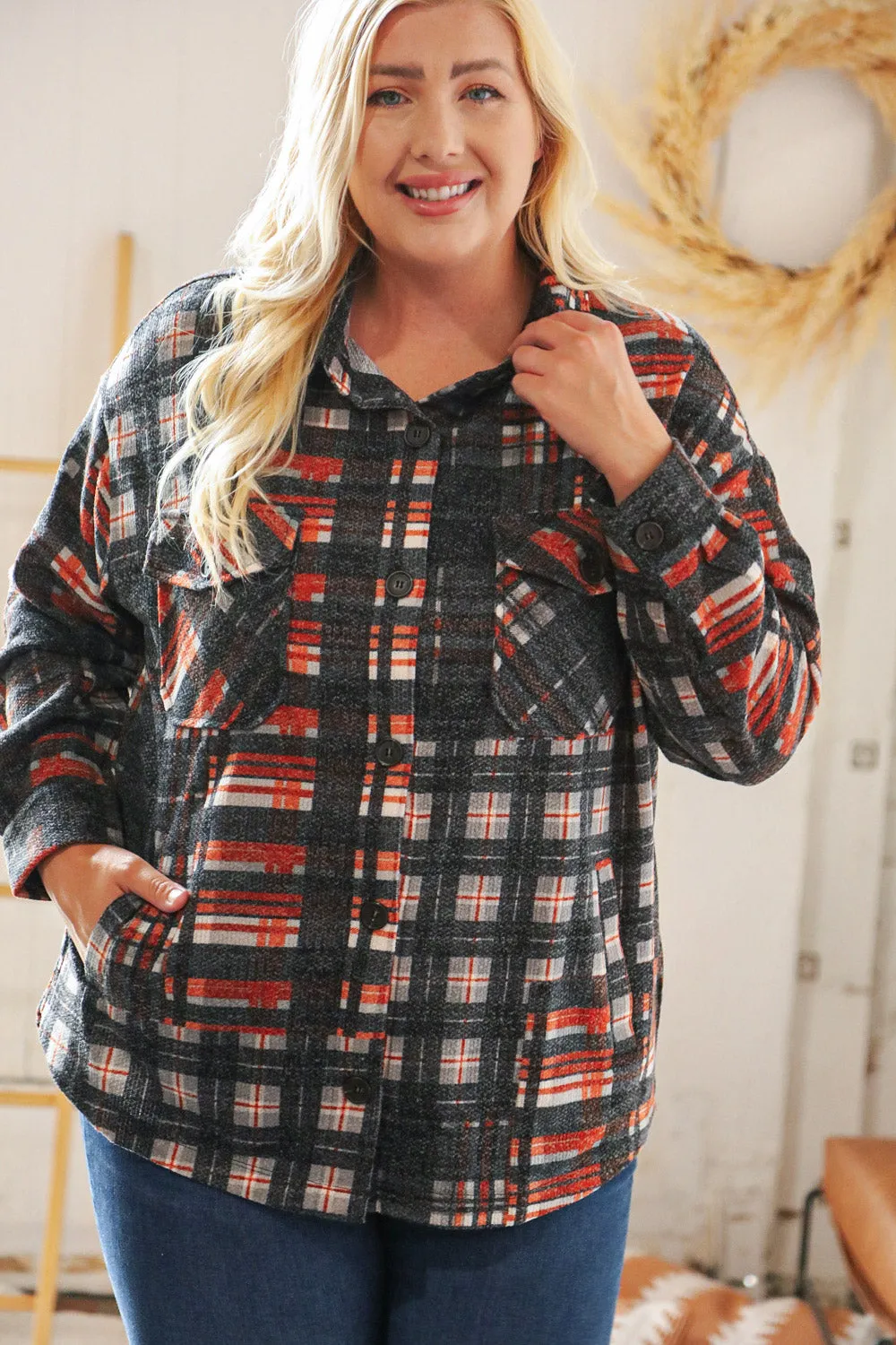 Black & Rust Brushed Plaid Oversize Pocketed Shacket