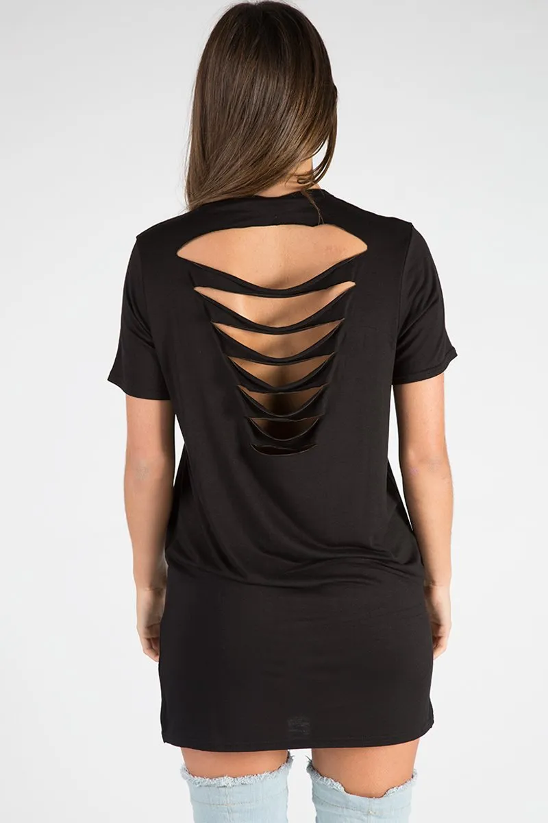 Black Distressed Back Detail Graphic T Shirt Dress - Emma