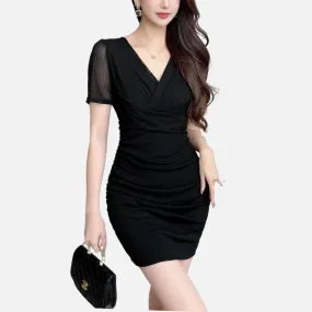 Black Mesh Dress with Short Sleeves, Wrap Collar