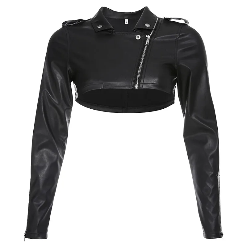 Black PU Leather Crop Jacket Street Wear Punk Style Womens Coats Long Sleeve Turn-Down Zipper Short Jacket  Fashion