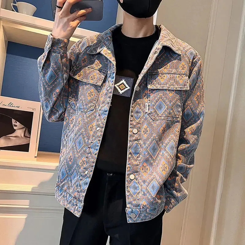 Bonsir Autumn Cowboy Coat for Men with Print Denim Jackets Man Plus Size High Quality Clothing Korea Low Cost Elatic Joker Branded Rock