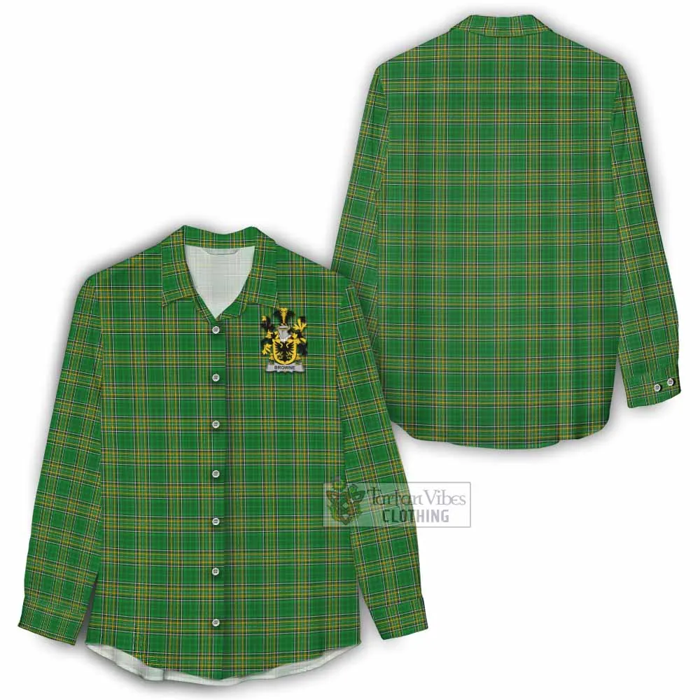 Browne Irish Clan Tartan Women's Casual Shirt with Coat of Arms