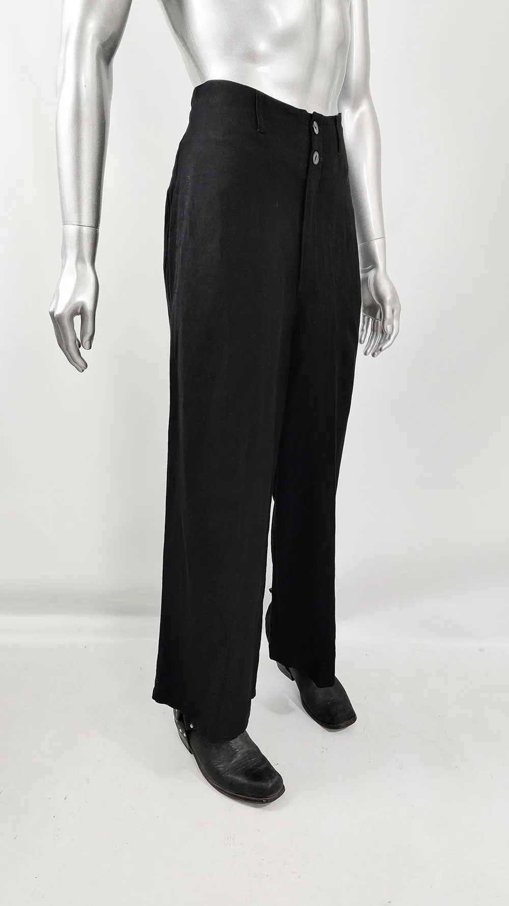 Calugi e Giannelli Vintage Mens Black Linen Blend Wide Leg Trousers