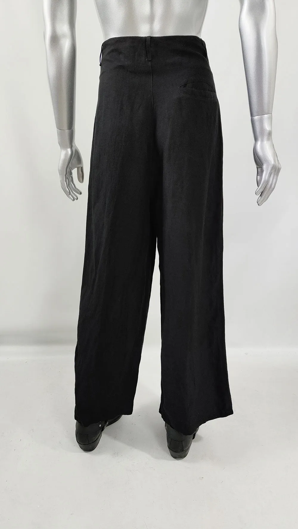 Calugi e Giannelli Vintage Mens Black Linen Blend Wide Leg Trousers