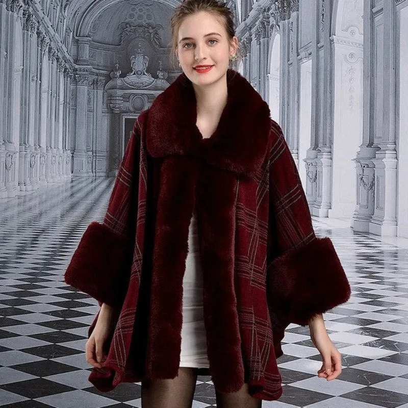 Cape Plaid Poncho Big Fur Collar Shawl Thick Warm Knit Coat