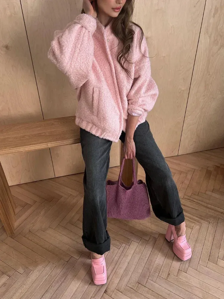 Casual Pink Loose Bomber Autumn Chic Single Breasted Stand Collar Long Sleeve Stylish Coat