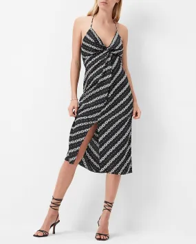 Chain Print Twist Front Slip Dress in Black Print