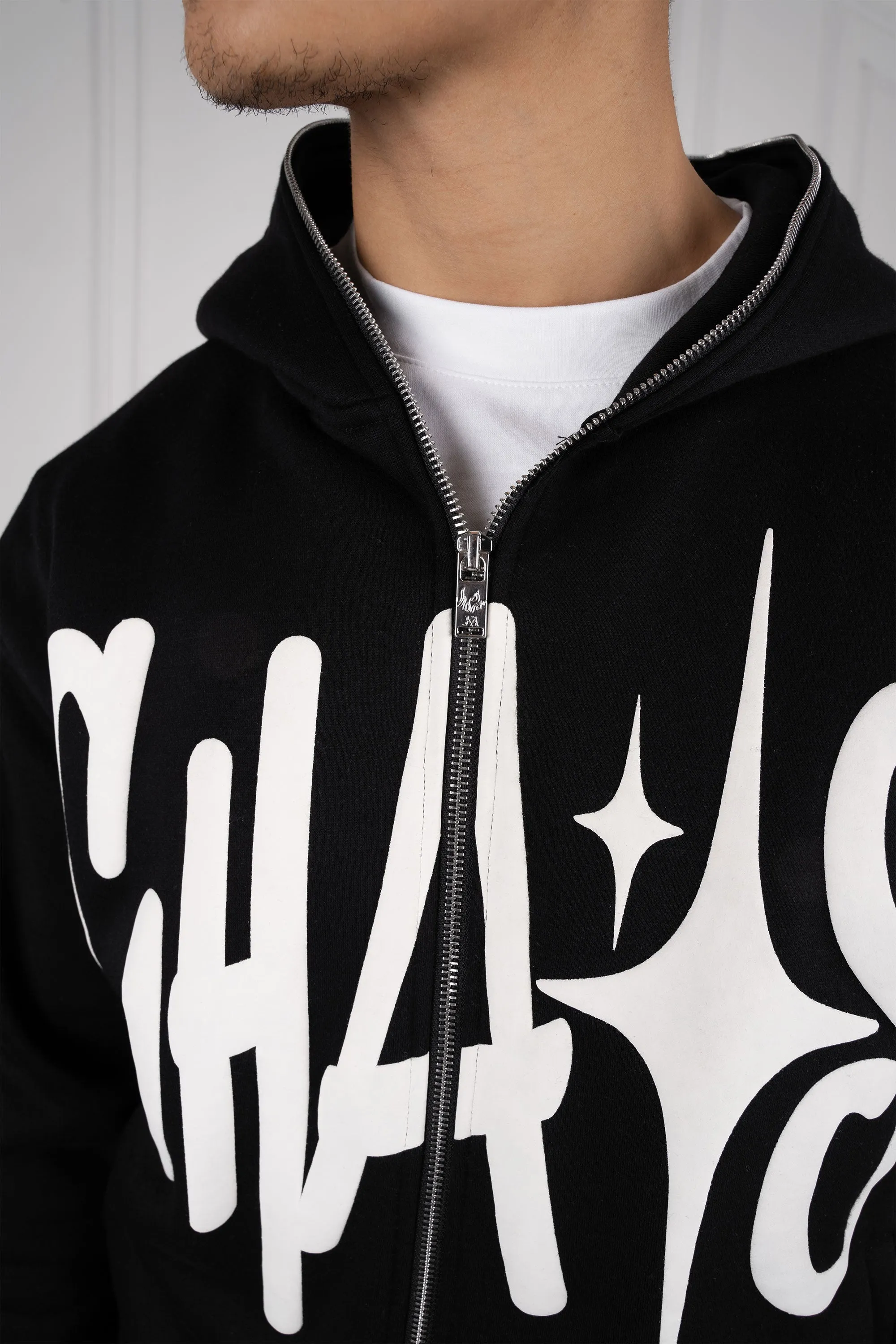 Chaos Puff Print Double Zip Hoodie - Black