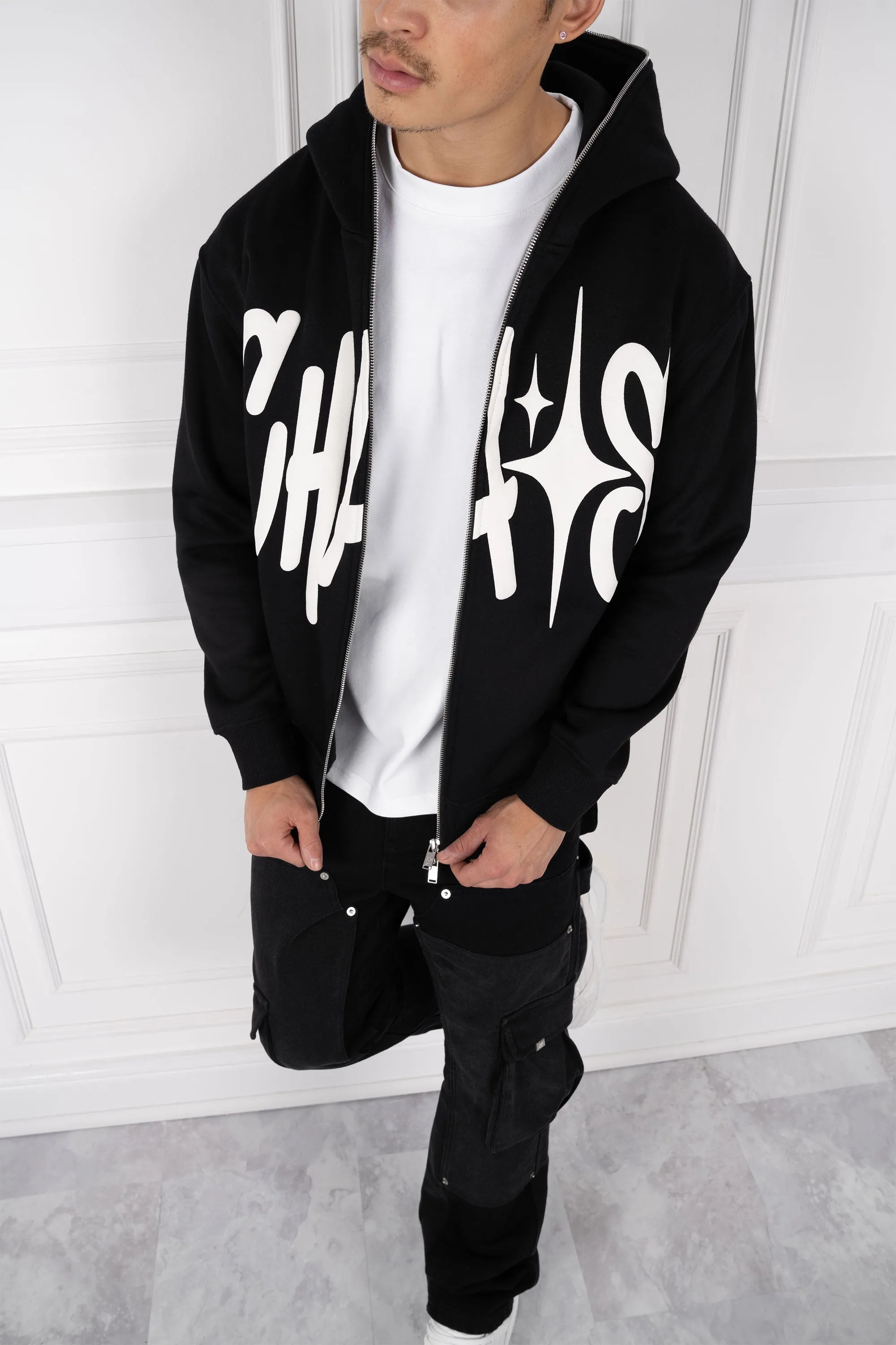 Chaos Puff Print Double Zip Hoodie - Black