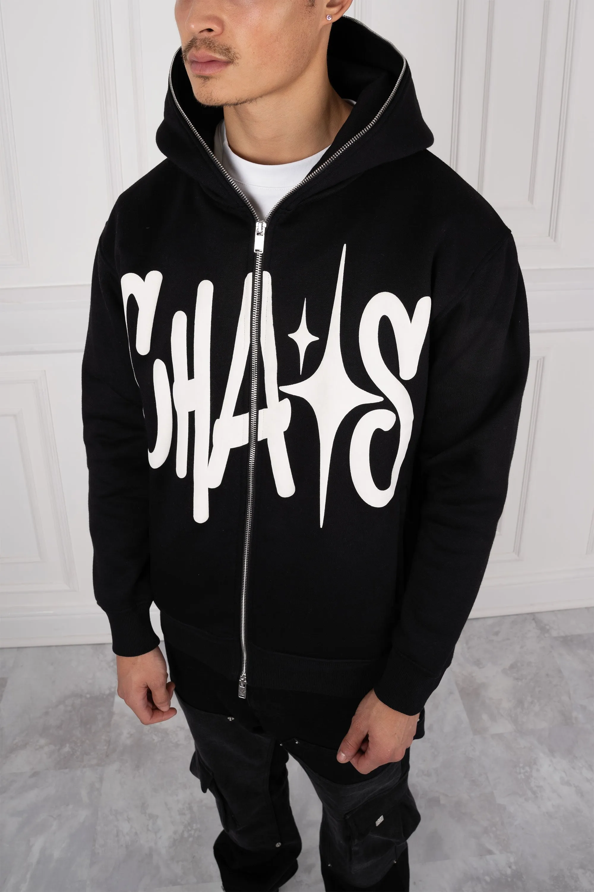 Chaos Puff Print Double Zip Hoodie - Black