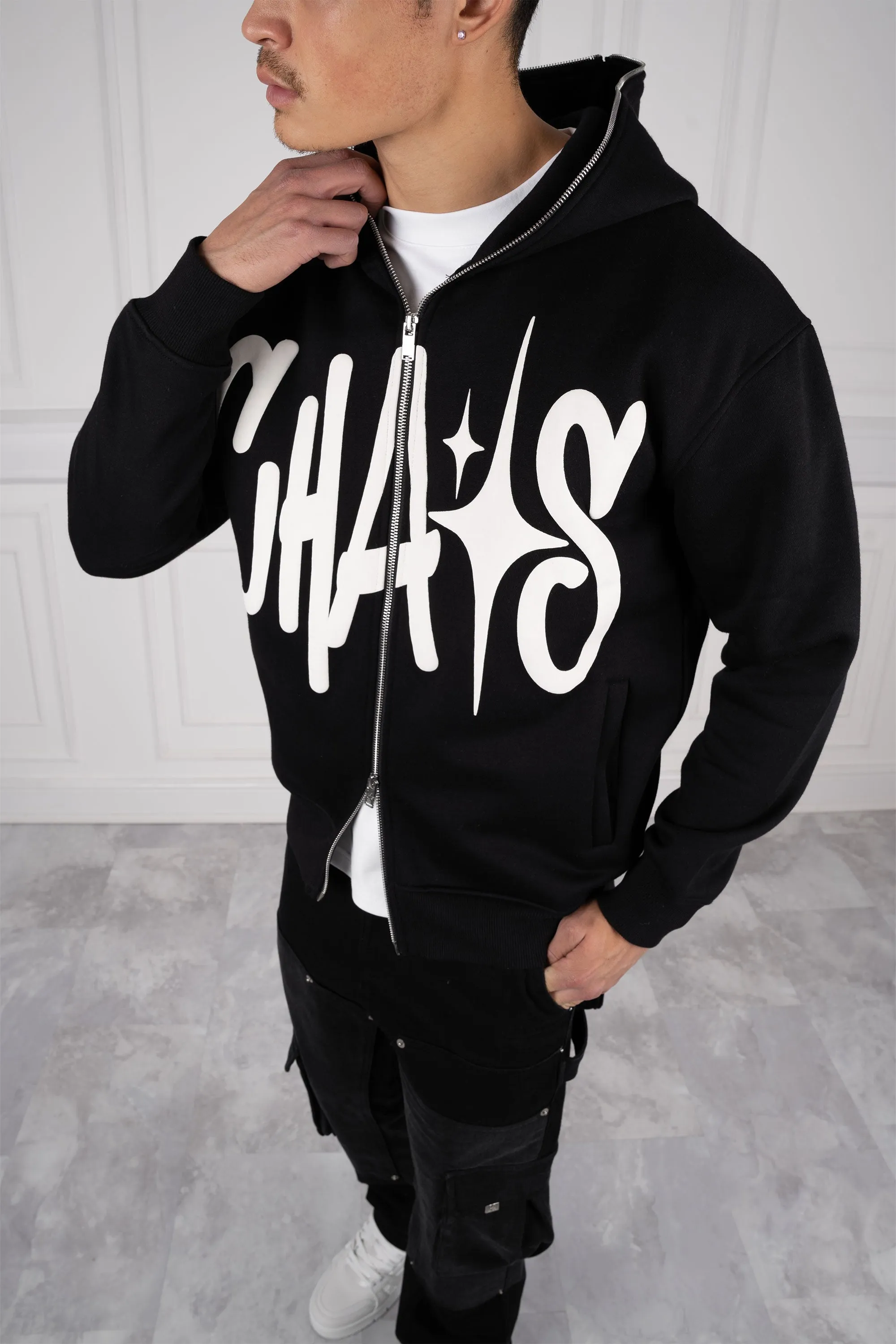 Chaos Puff Print Double Zip Hoodie - Black