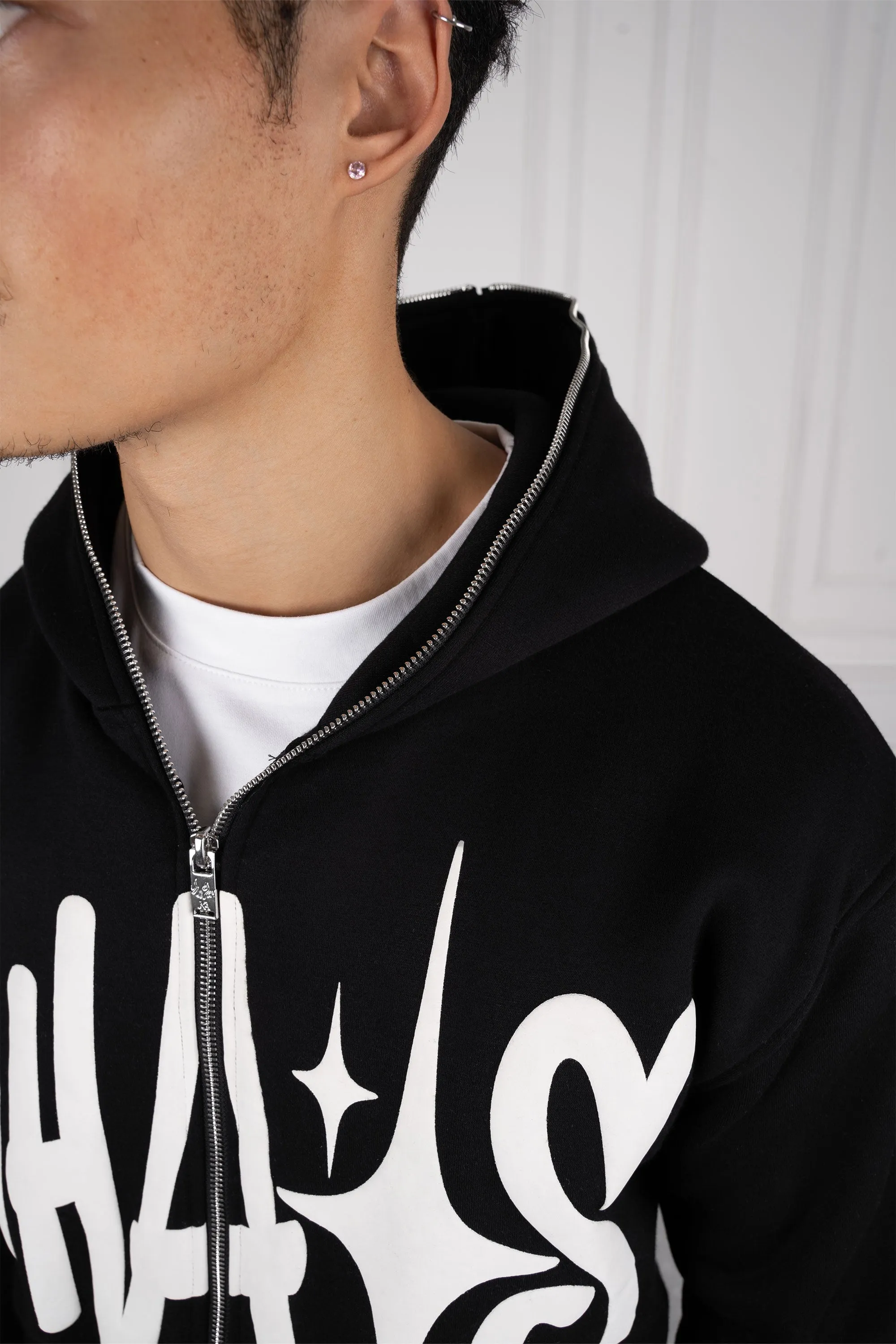 Chaos Puff Print Double Zip Hoodie - Black