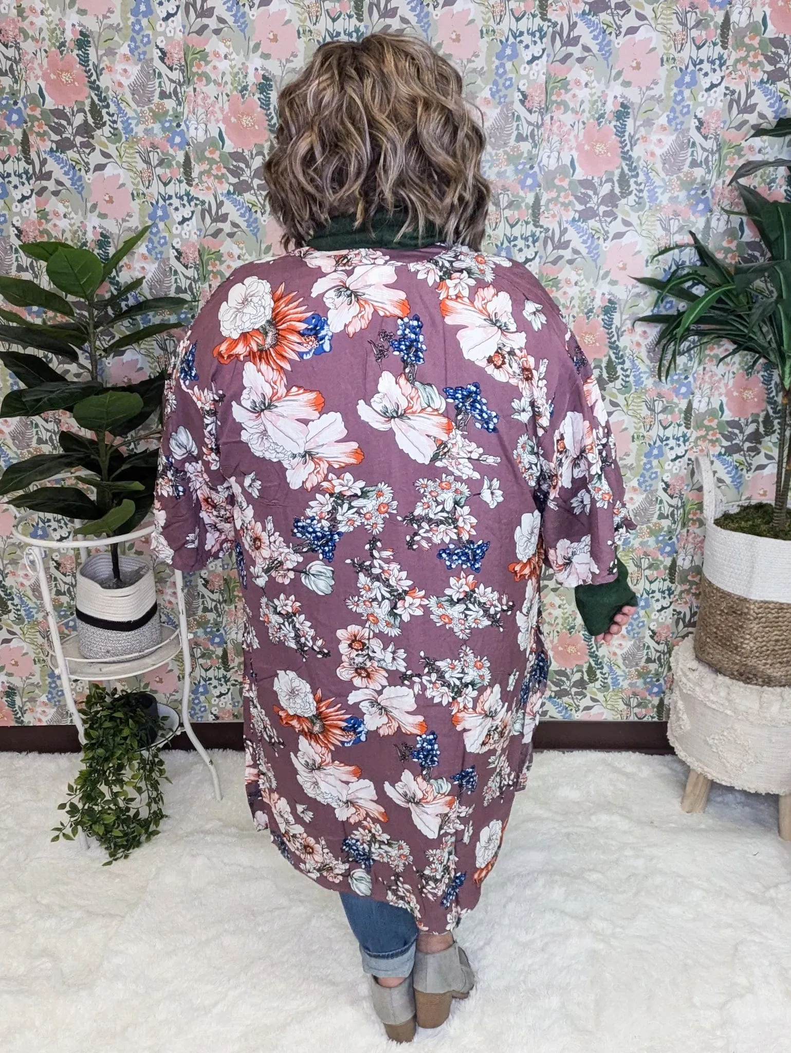 Cherise Flowy Sleeve Kimono in Eggplant Floral