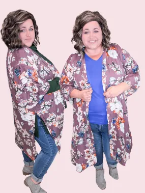 Cherise Flowy Sleeve Kimono in Eggplant Floral