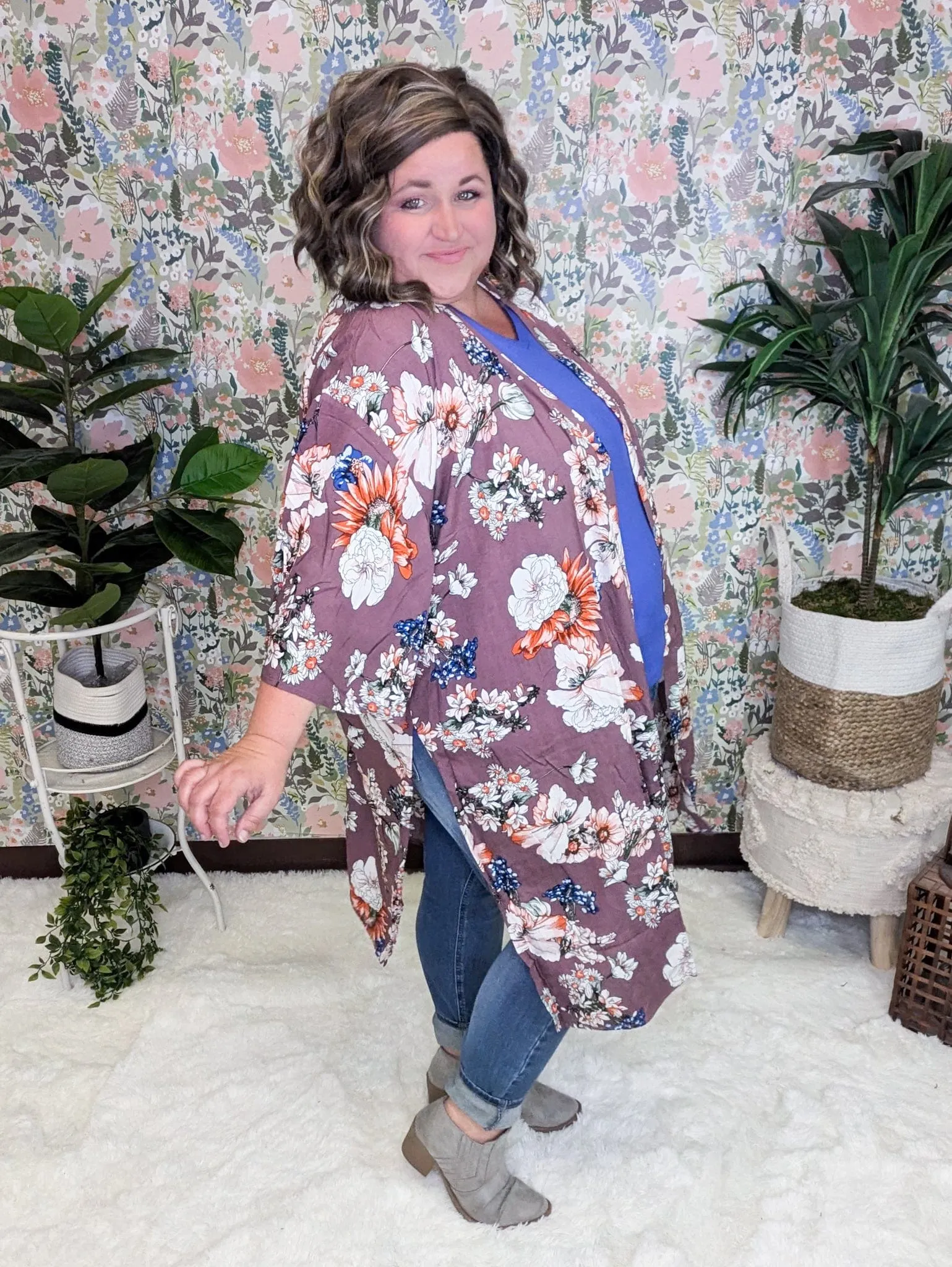 Cherise Flowy Sleeve Kimono in Eggplant Floral