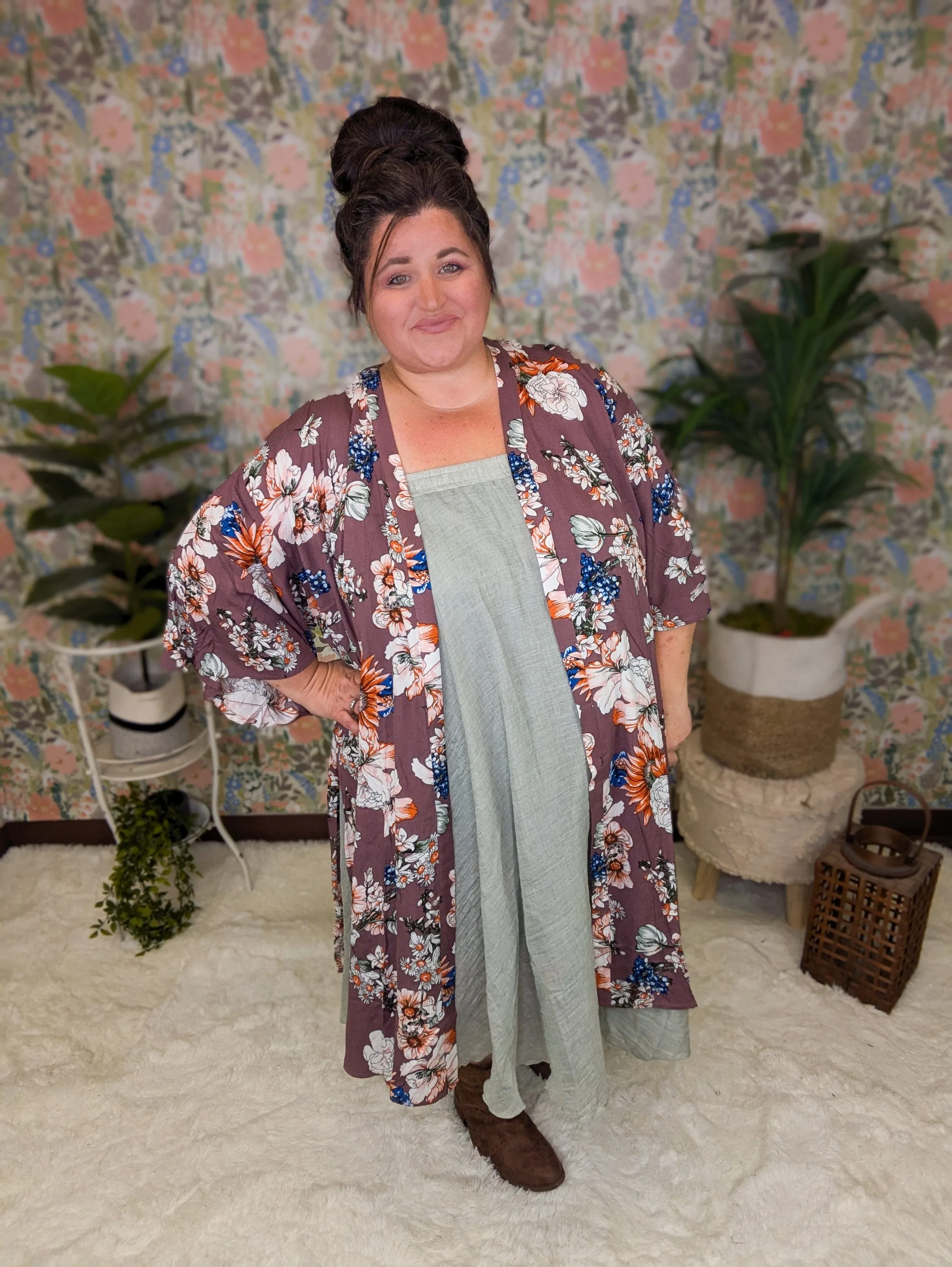 Cherise Flowy Sleeve Kimono in Eggplant Floral