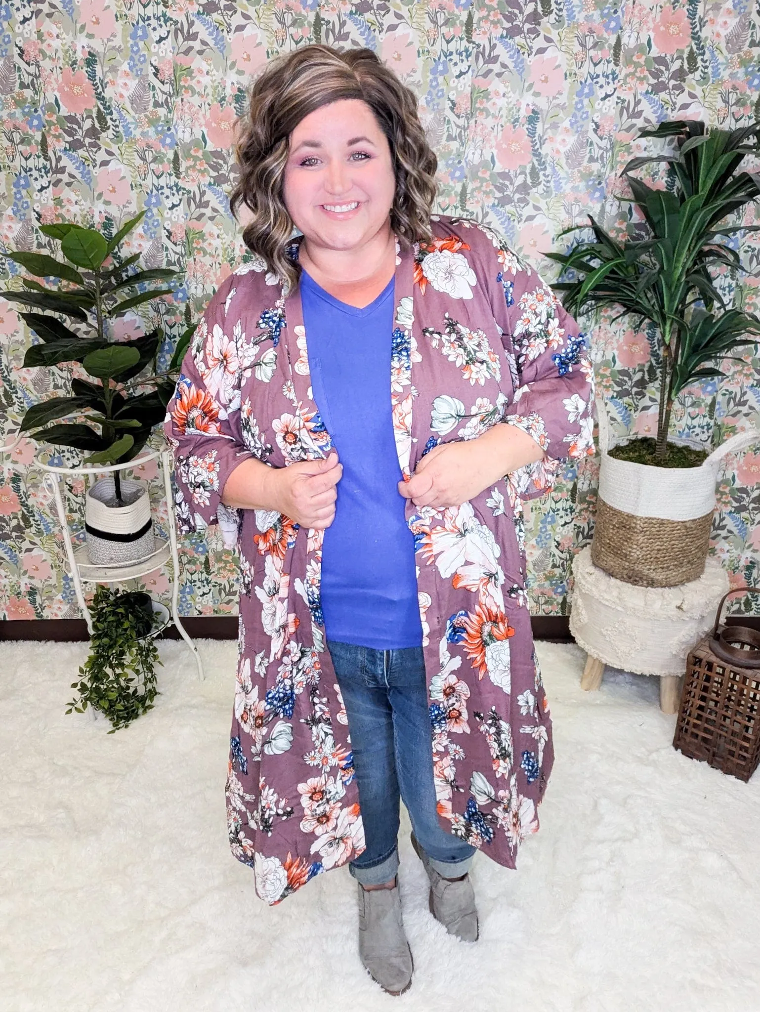 Cherise Flowy Sleeve Kimono in Eggplant Floral