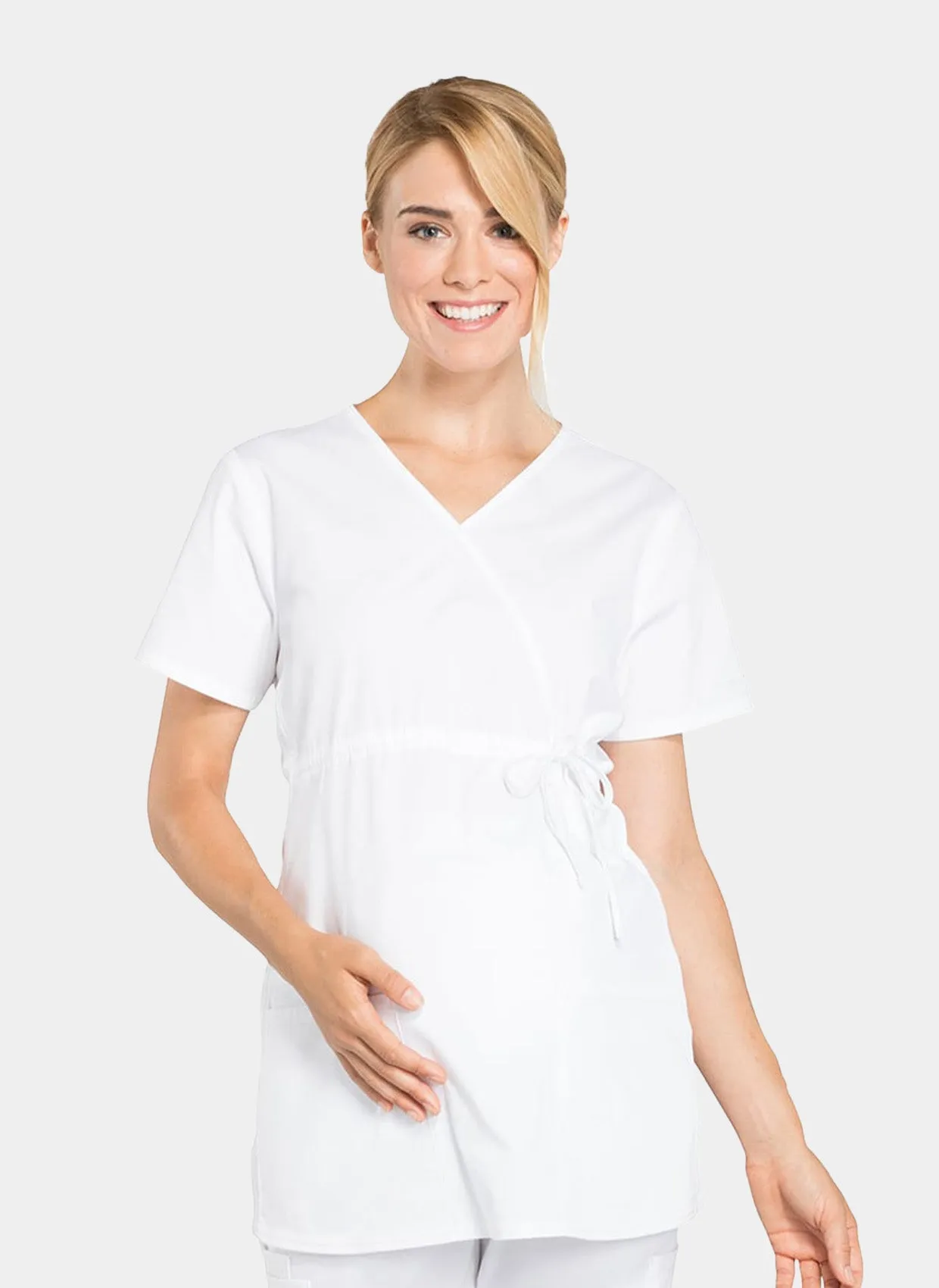 Cherokee Maternity Mock Wrap Scrub Top - White