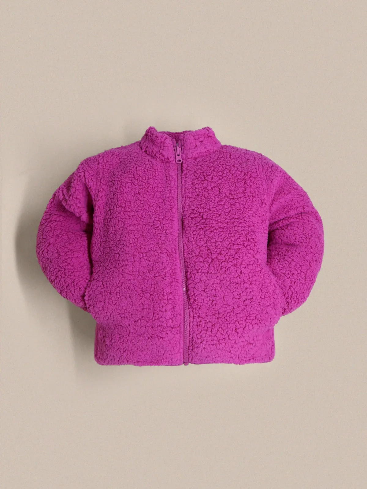 Cherry Crumble Magenta Solid 100% Polyester Full Sleeves High Neck Casual Wear Easy Fit Winter Sherpa Jacket For Girls