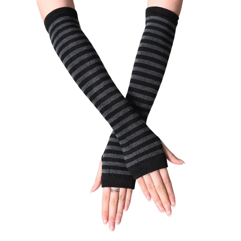 Christmas Gift Fashion Women Lady Striped Elbow Gloves Warmer Knitted Long Fingerless Gloves Elbow Mittens Christmas Accessories Gift