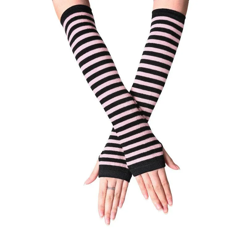 Christmas Gift Fashion Women Lady Striped Elbow Gloves Warmer Knitted Long Fingerless Gloves Elbow Mittens Christmas Accessories Gift