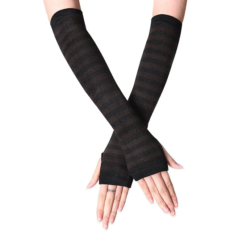 Christmas Gift Fashion Women Lady Striped Elbow Gloves Warmer Knitted Long Fingerless Gloves Elbow Mittens Christmas Accessories Gift