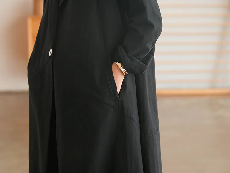 Classic Long Sleeve Trench, Fluffy Ladies Overcoat, Cotton Buckle Long Black Coat