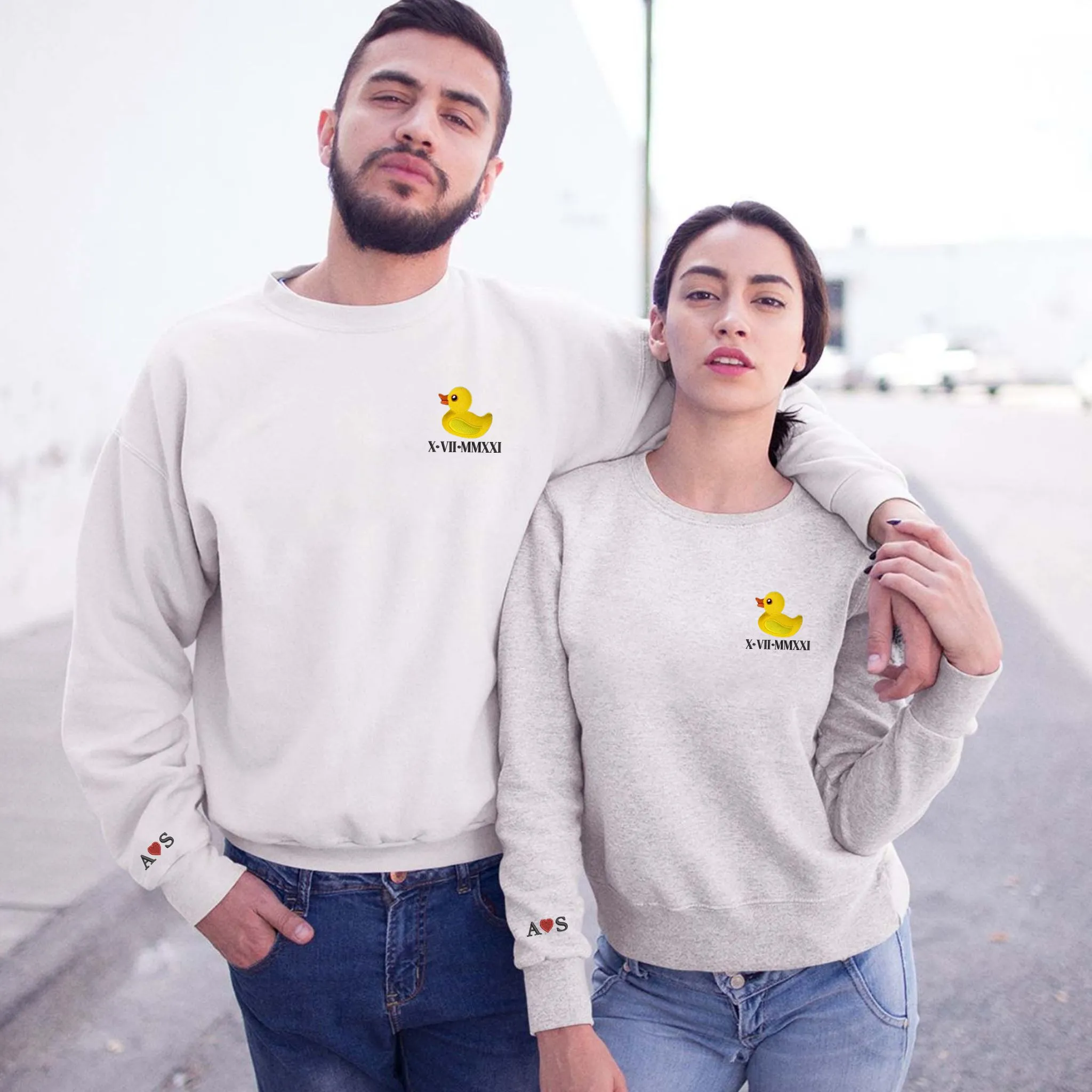 Couple Duck Sweatshirt or Hoodie with Custom Embroidered Initial Heart on Sleeve