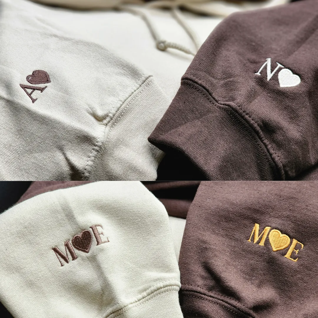 Couple Duck Sweatshirt or Hoodie with Custom Embroidered Initial Heart on Sleeve